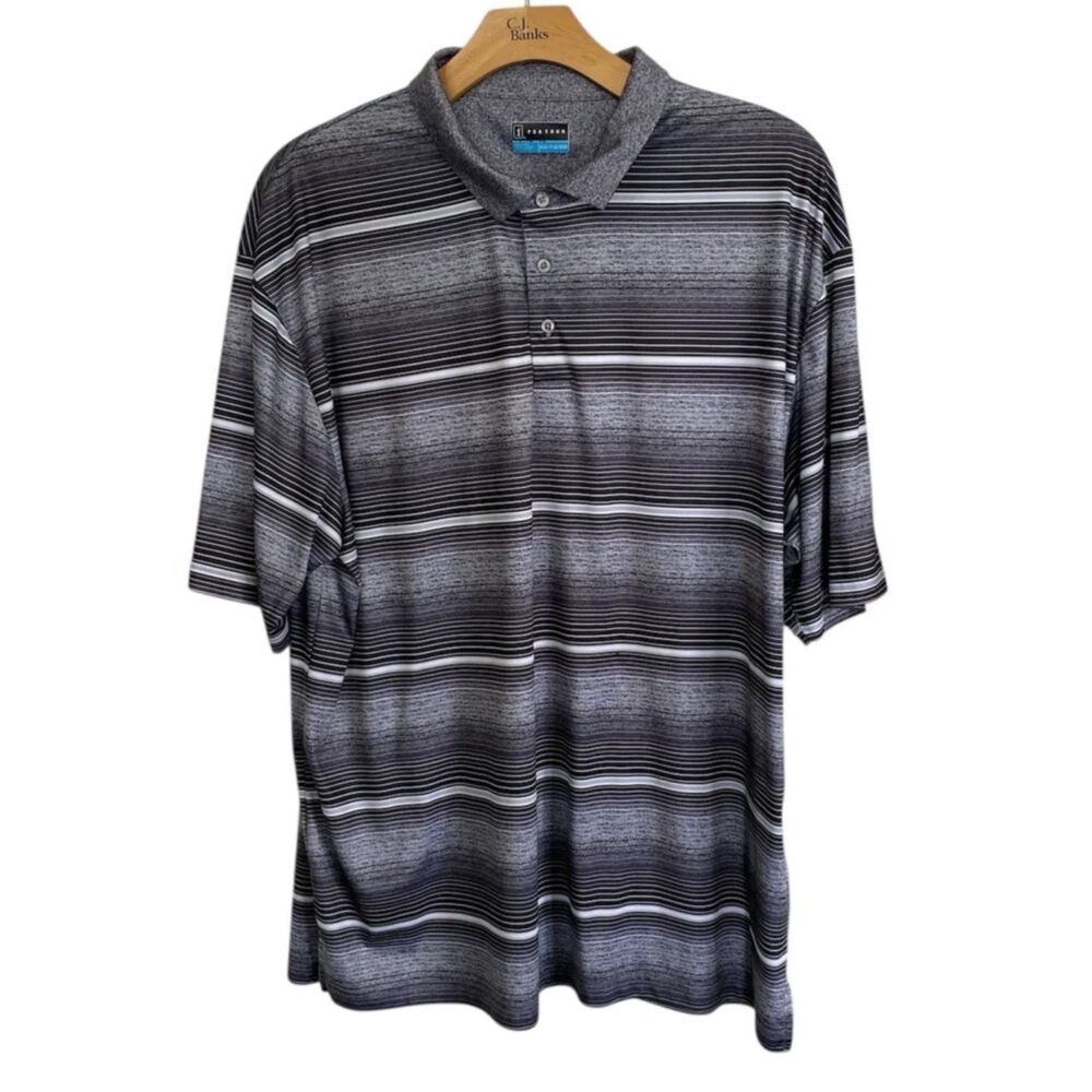 PGA Tour Men's Polo Shirt 3XLT Black/Gray Striped Short Sleeve Collared Golf